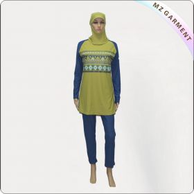 Blue Long Sleeve Muslim Swimwear with Yellow Print