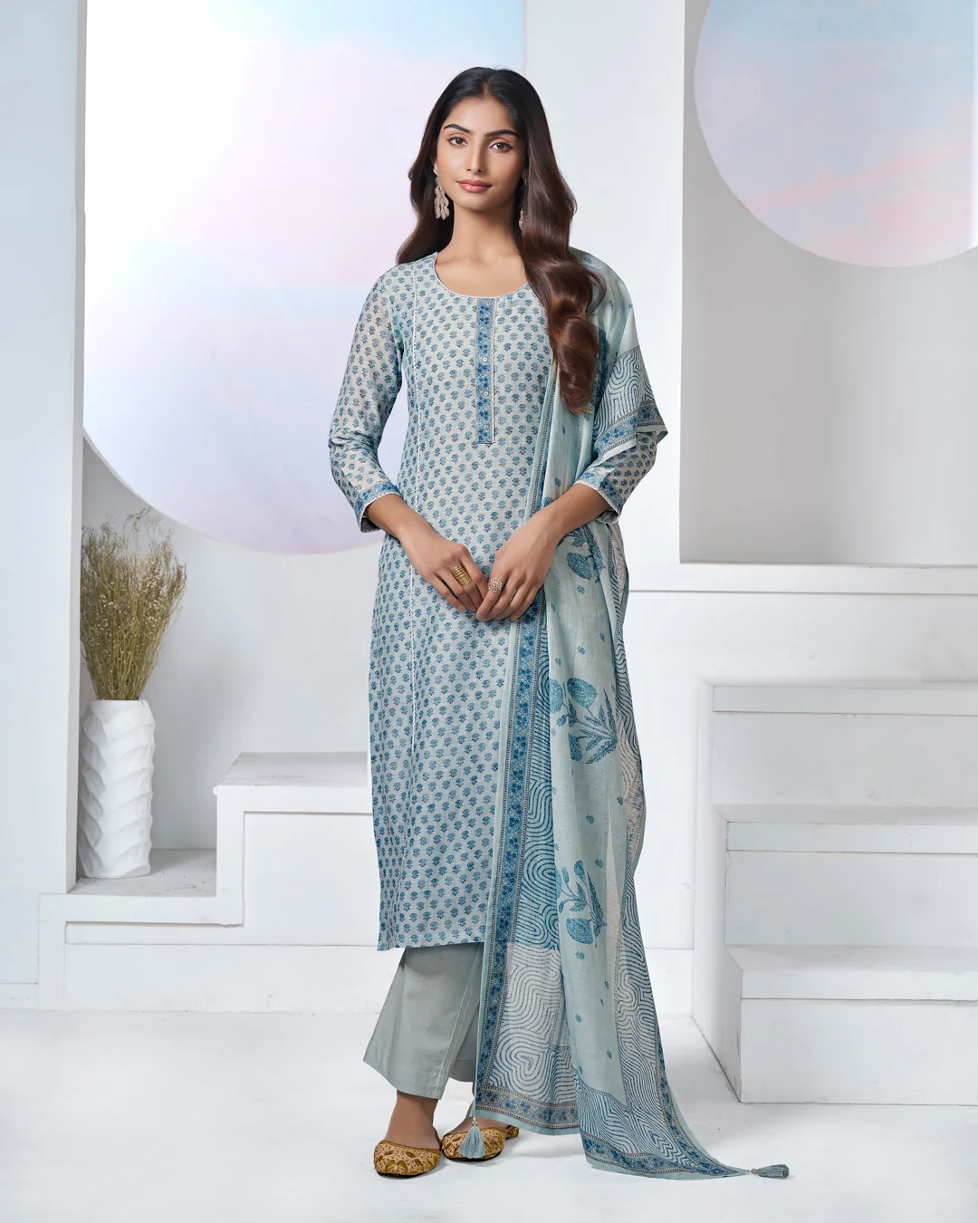 Seerat Blue Printed With Lace Work Straight Kurta With Dyed Trousers And Printed Dupatta