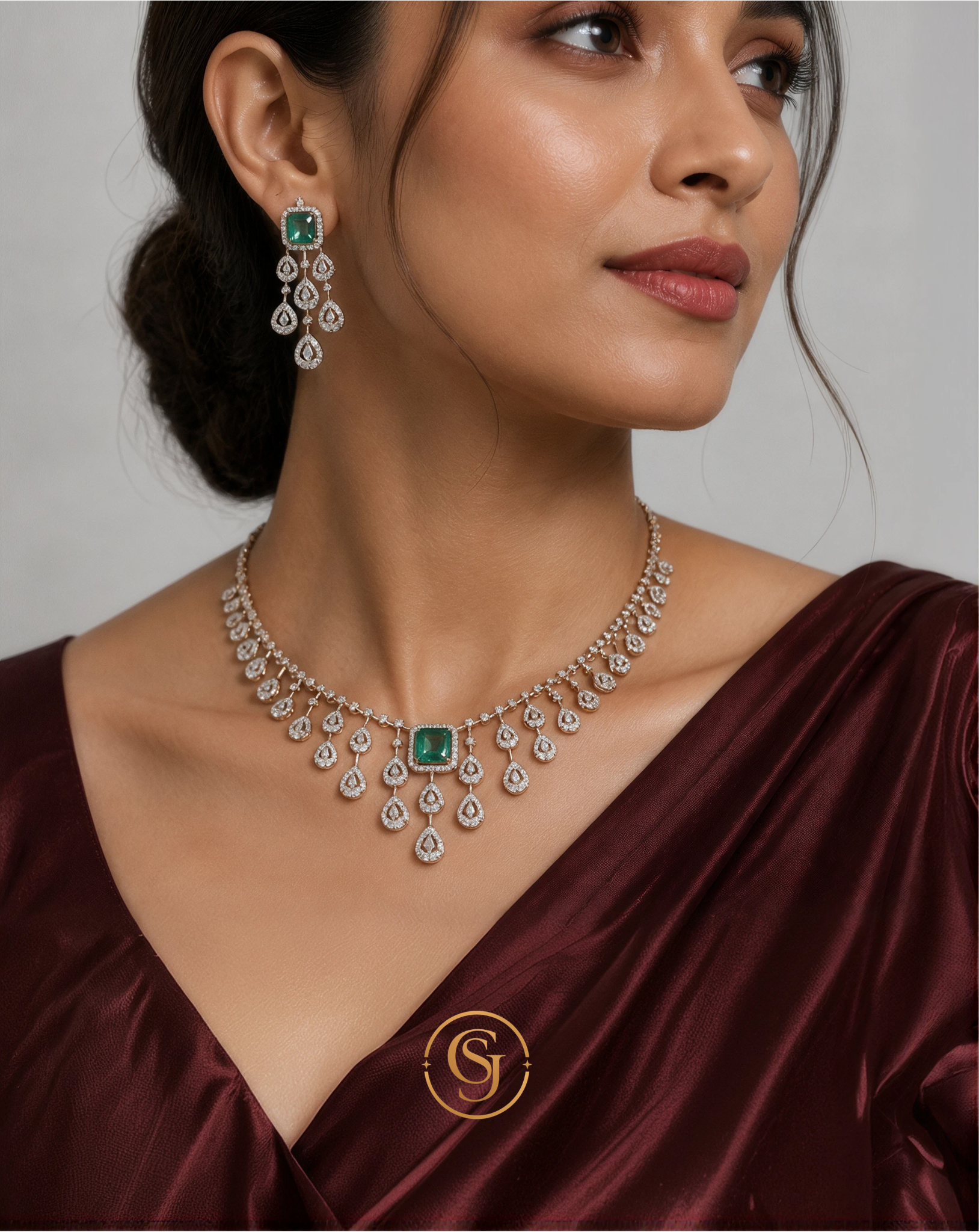 Emerald & Diamond Necklace Set with Drop Earrings