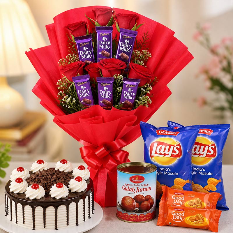 Red Rose Bouquet with Dairy Milk, Black Forest Cake, Snacks & Gulab Jamun